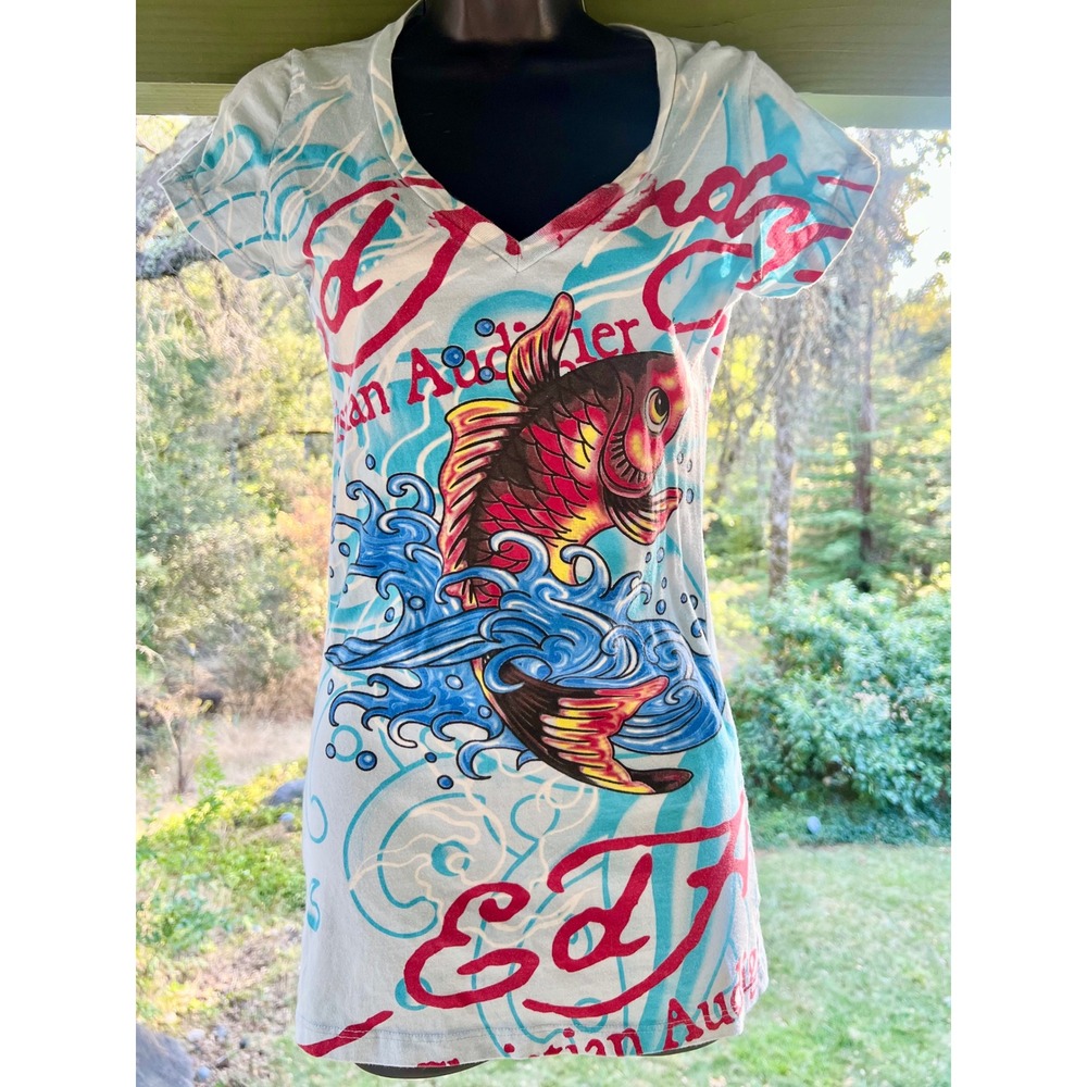 Vtg Ed Hardy Christian Audigier Devil Mermaid Koi Fish M Bulldog Tag V-Neck Tee